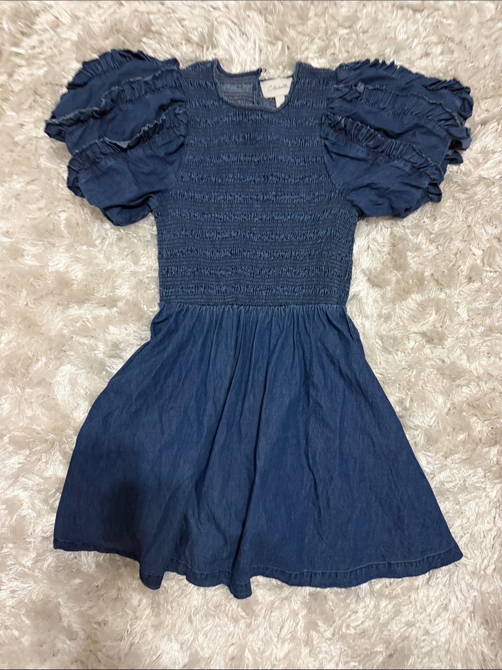Cleobella Navy Smocked Bodice Puff-Sleeve Mini Dress